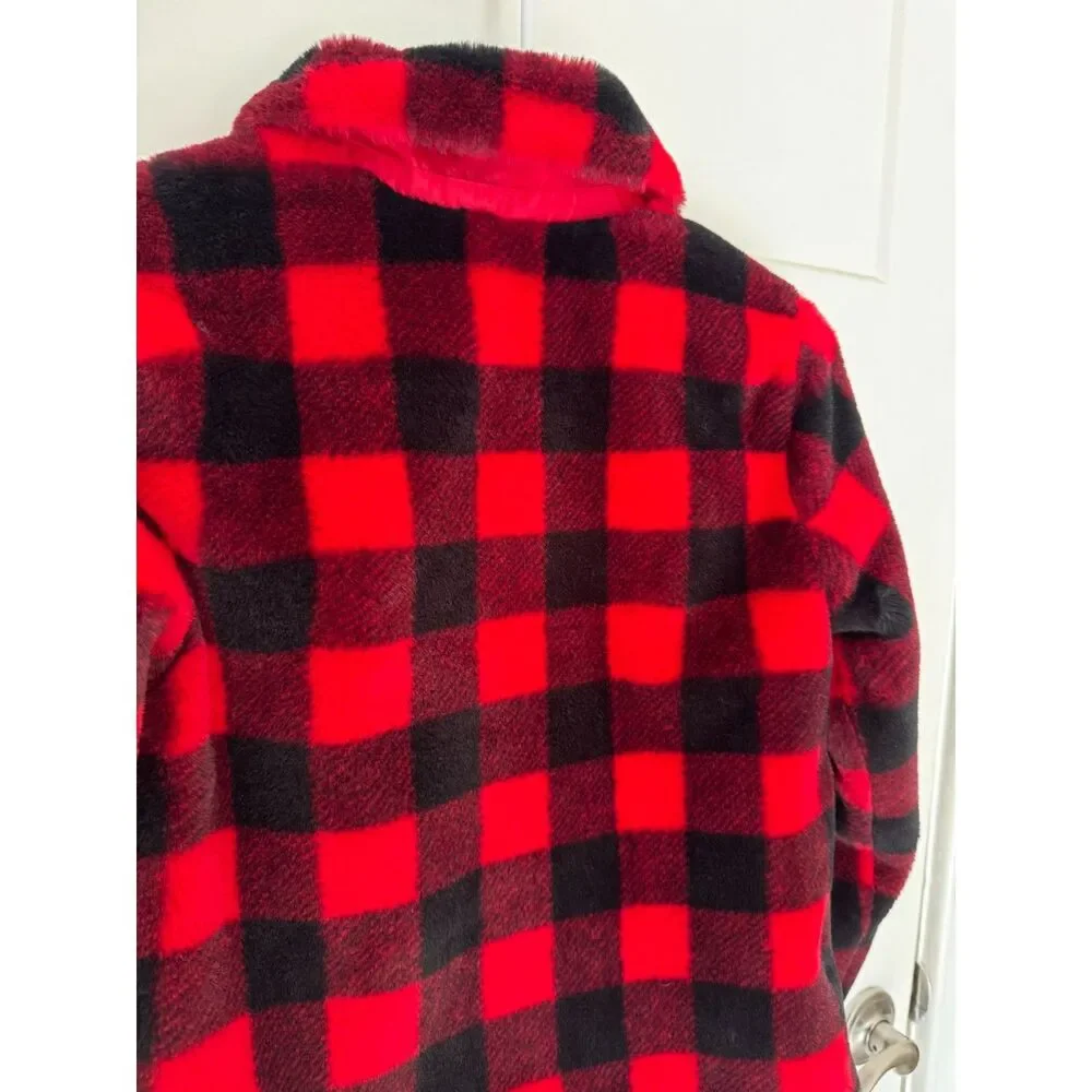 Epic Threads Girls M 7/8 Faux Fur Jacket Red Black Buffalo Plaid Plush Cozy Soft